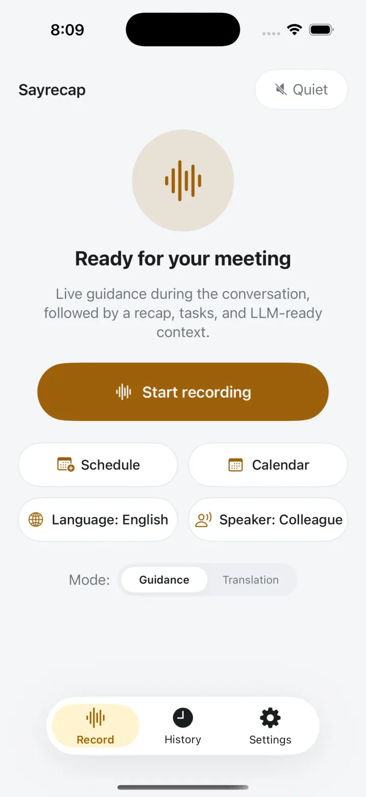 Sayrecap home screen ready to start a meeting