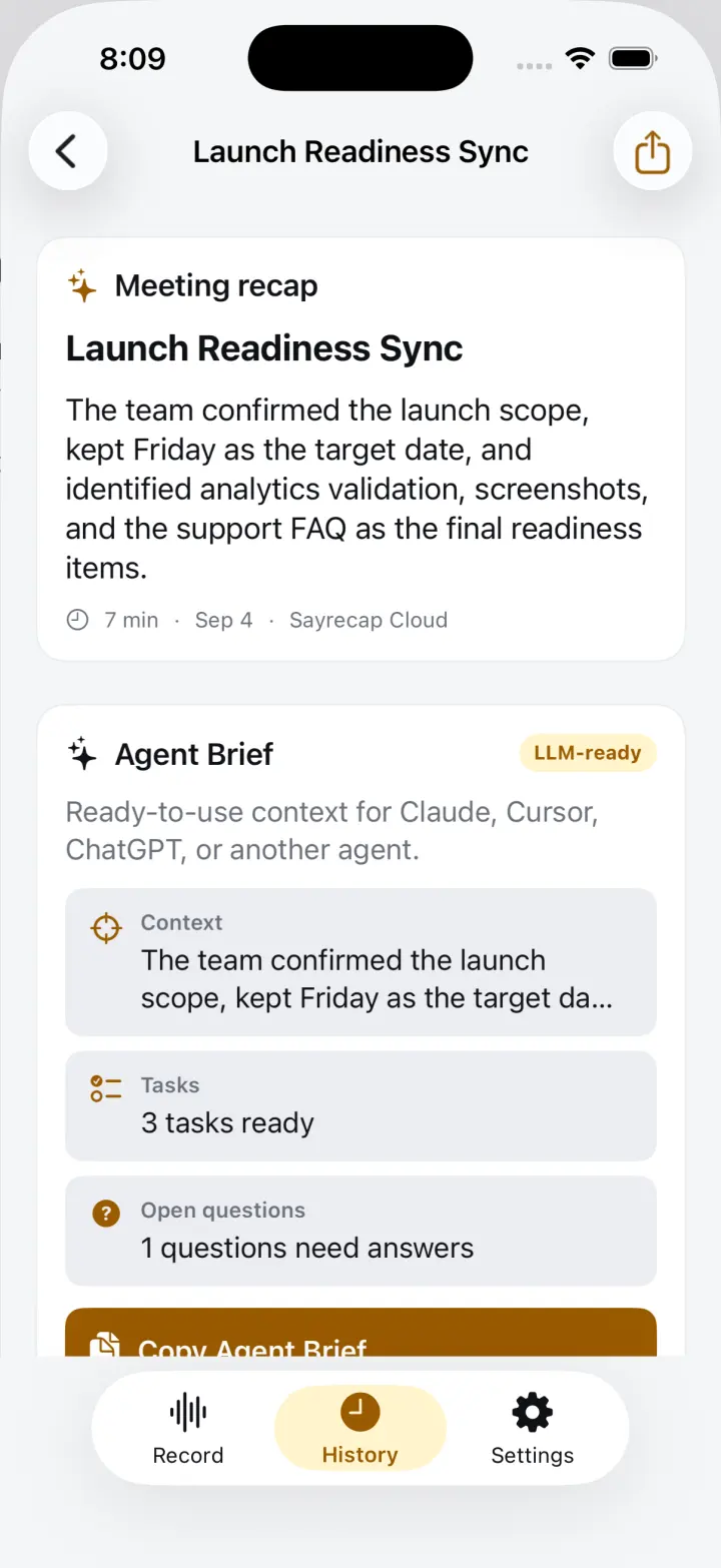 Sayrecap results screen with recap and Agent Brief