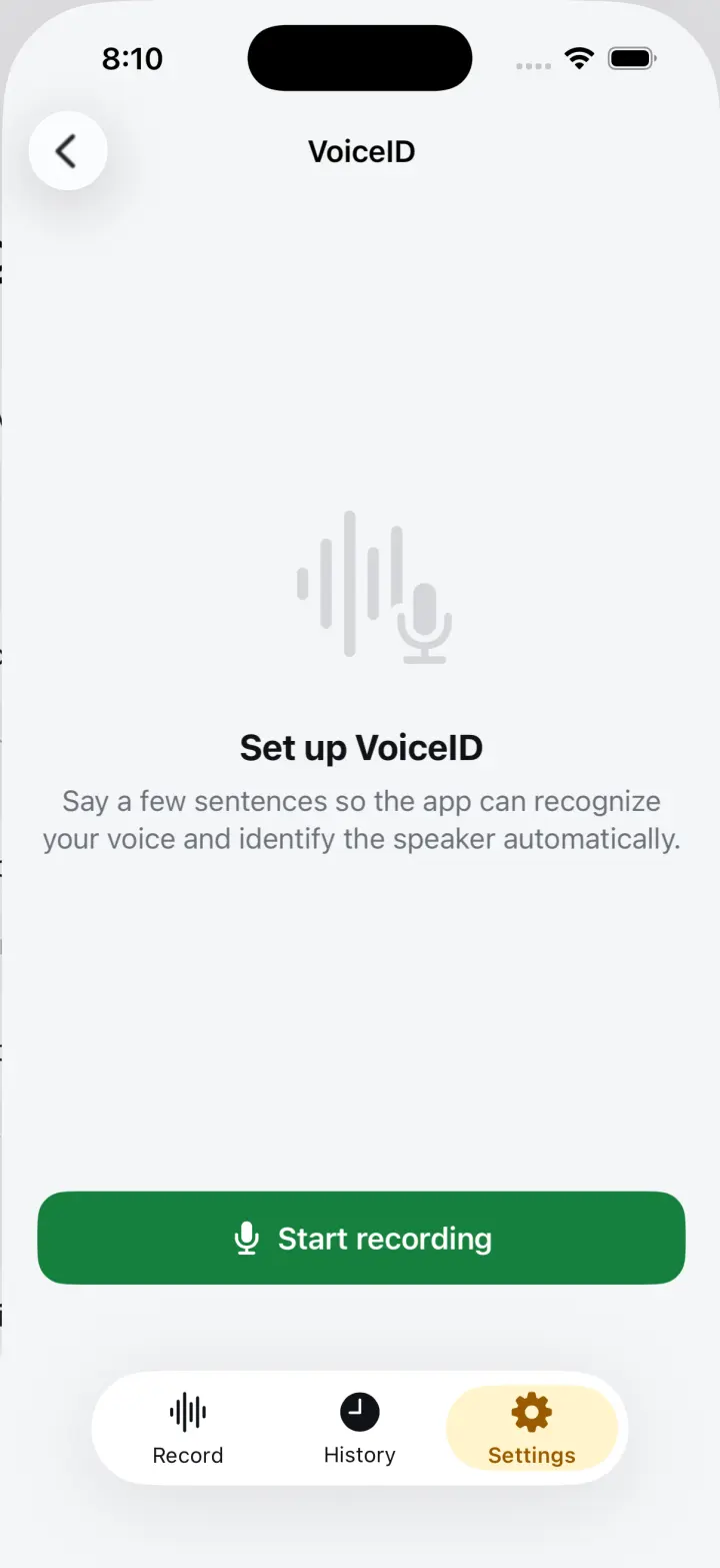 Sayrecap Voice ID enrollment screen